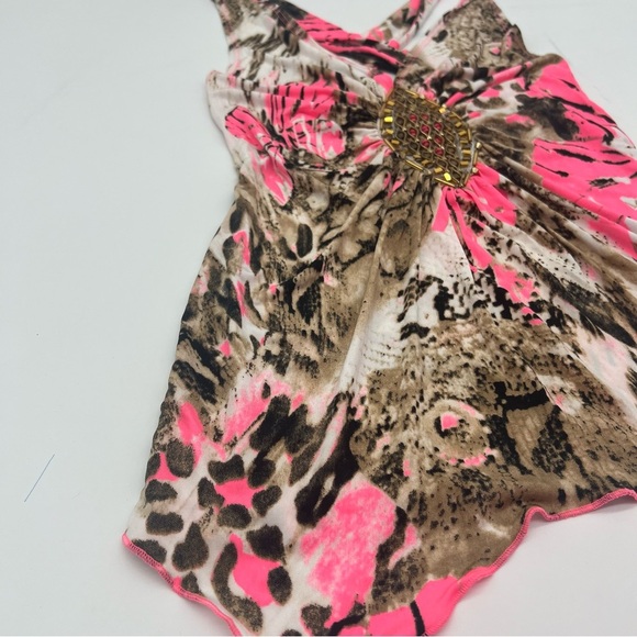 Venus XS Animal Print Sleeveless Top Pink Brown Beaded Detail Crisscross Back - Picture 3 of 11